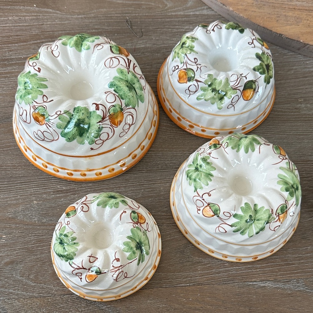 Set of Decorative Ceramic Bundt Pans with Green and Orange Accents